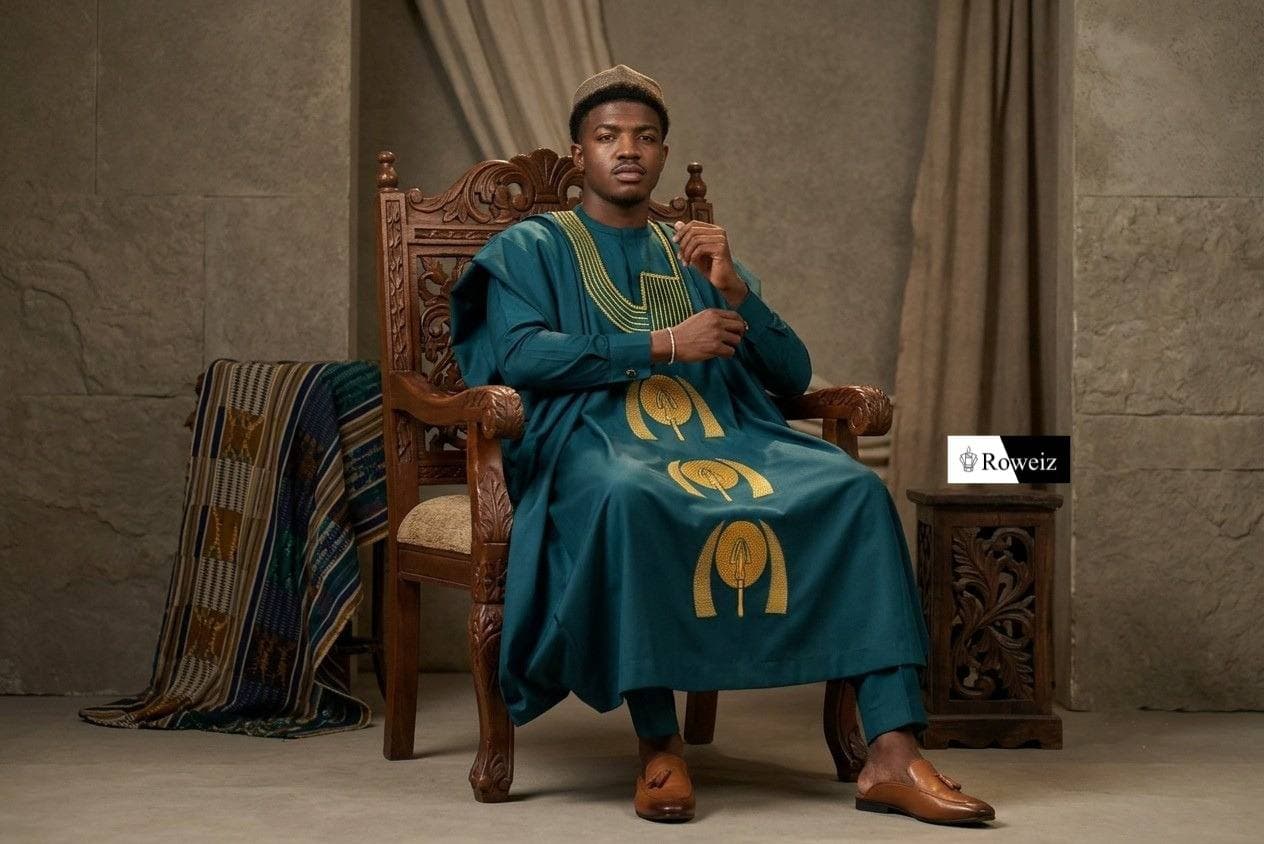 Teal three-piece Agbada set with hand-embroidered gold motif, Roweiz