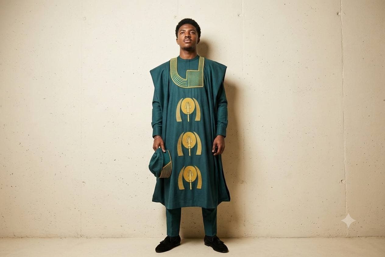 Teal three-piece Agbada set with hand-embroidered gold motif, Roweiz