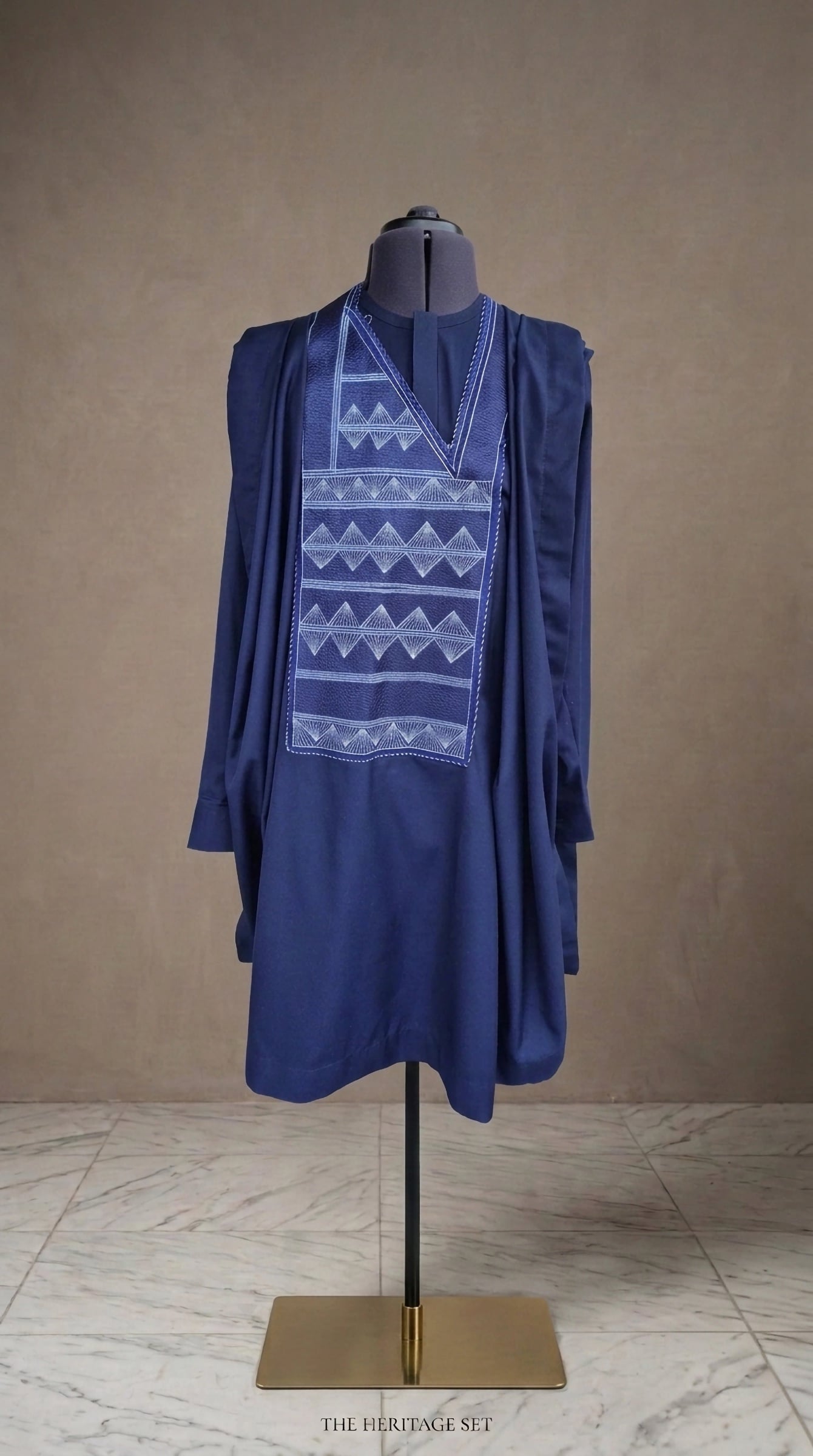 Navy Blue 3-piece Mohair Agbada with pyramid Chest Embroidery