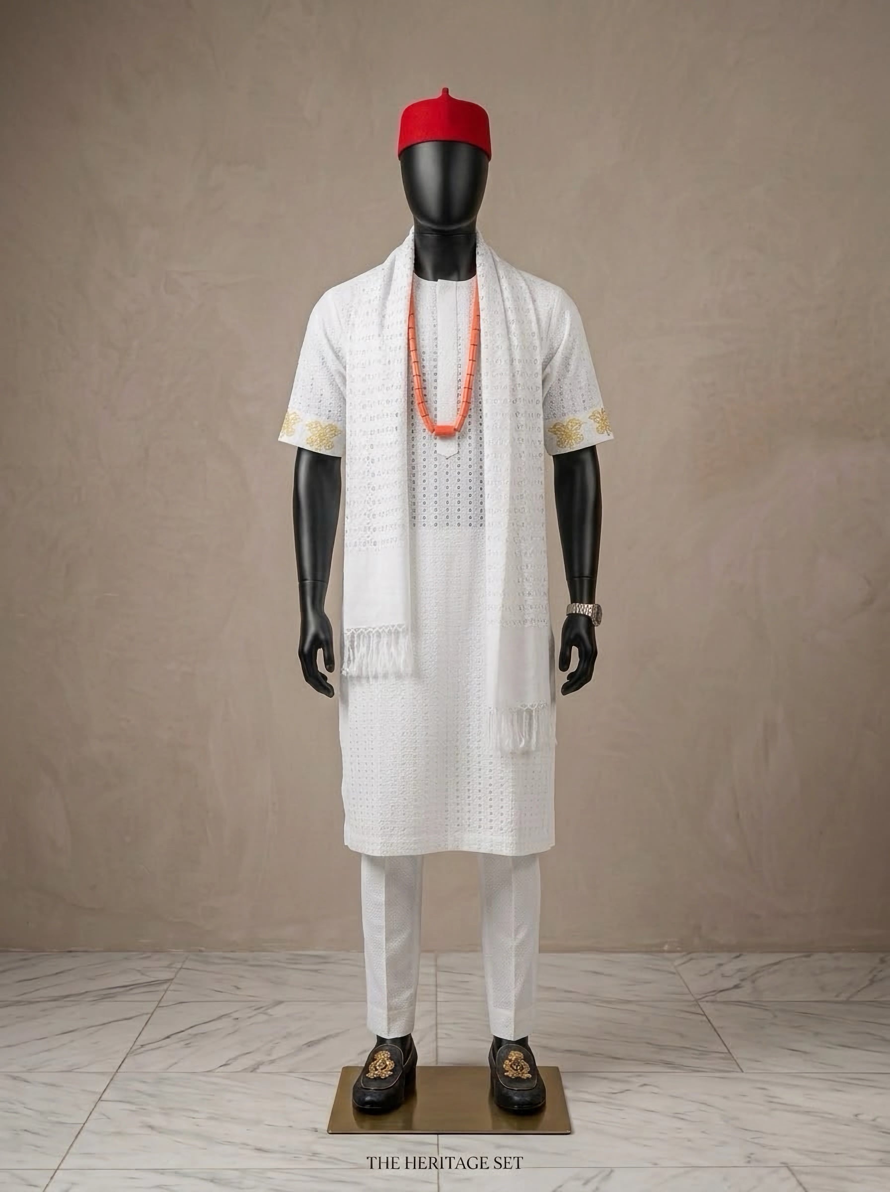 Premium White Cotton Short-Sleeve Kaftan Set with Front gold Embroidery