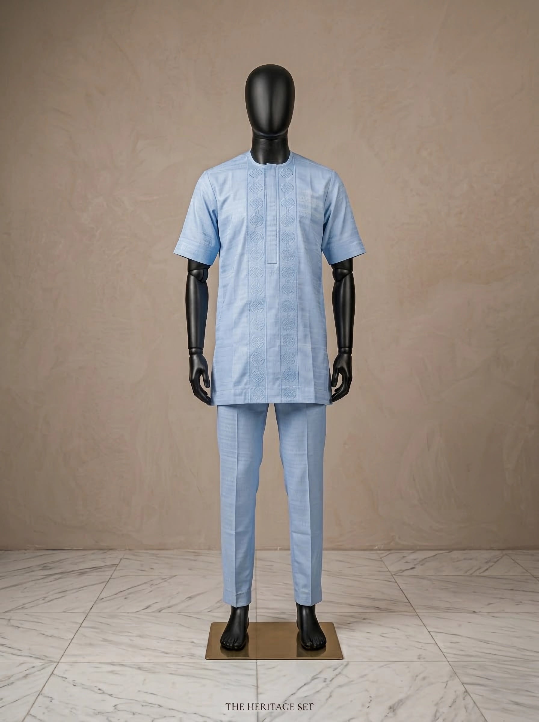 Premium |Sky Blue Cotton Short Sleeve Kaftan with Front length Embroidery