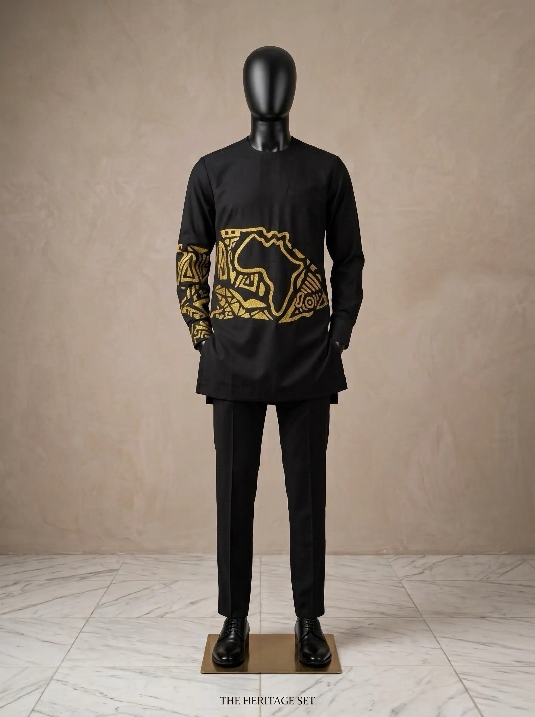 Black Cotton Kaftan with Gold African map graphic