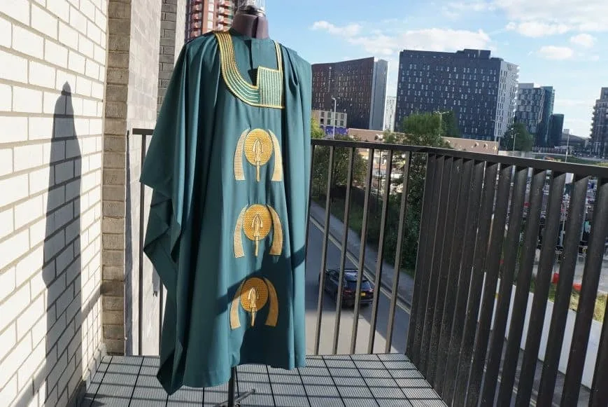 Forest Green Mohair Agbada Set with Gold Conch Embroidery