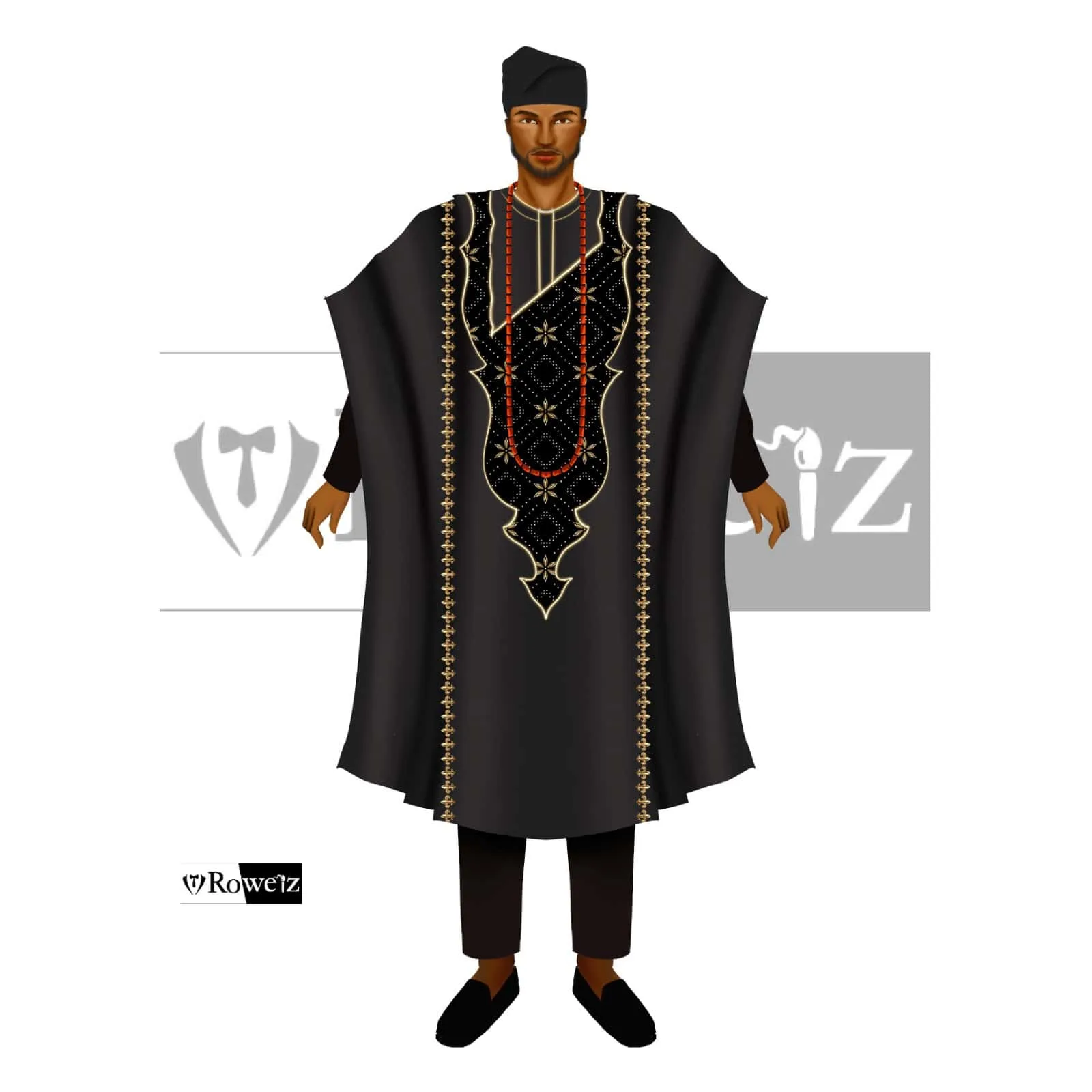 Hand-drawn fashion illustration of an Agbada set