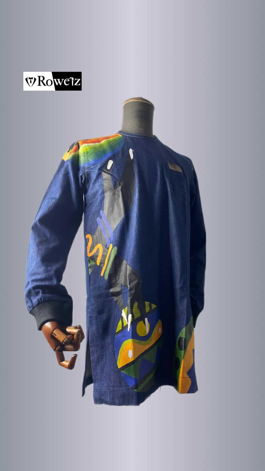 Blue Denim Kaftan with abstract painting depicting hands bouncing balls