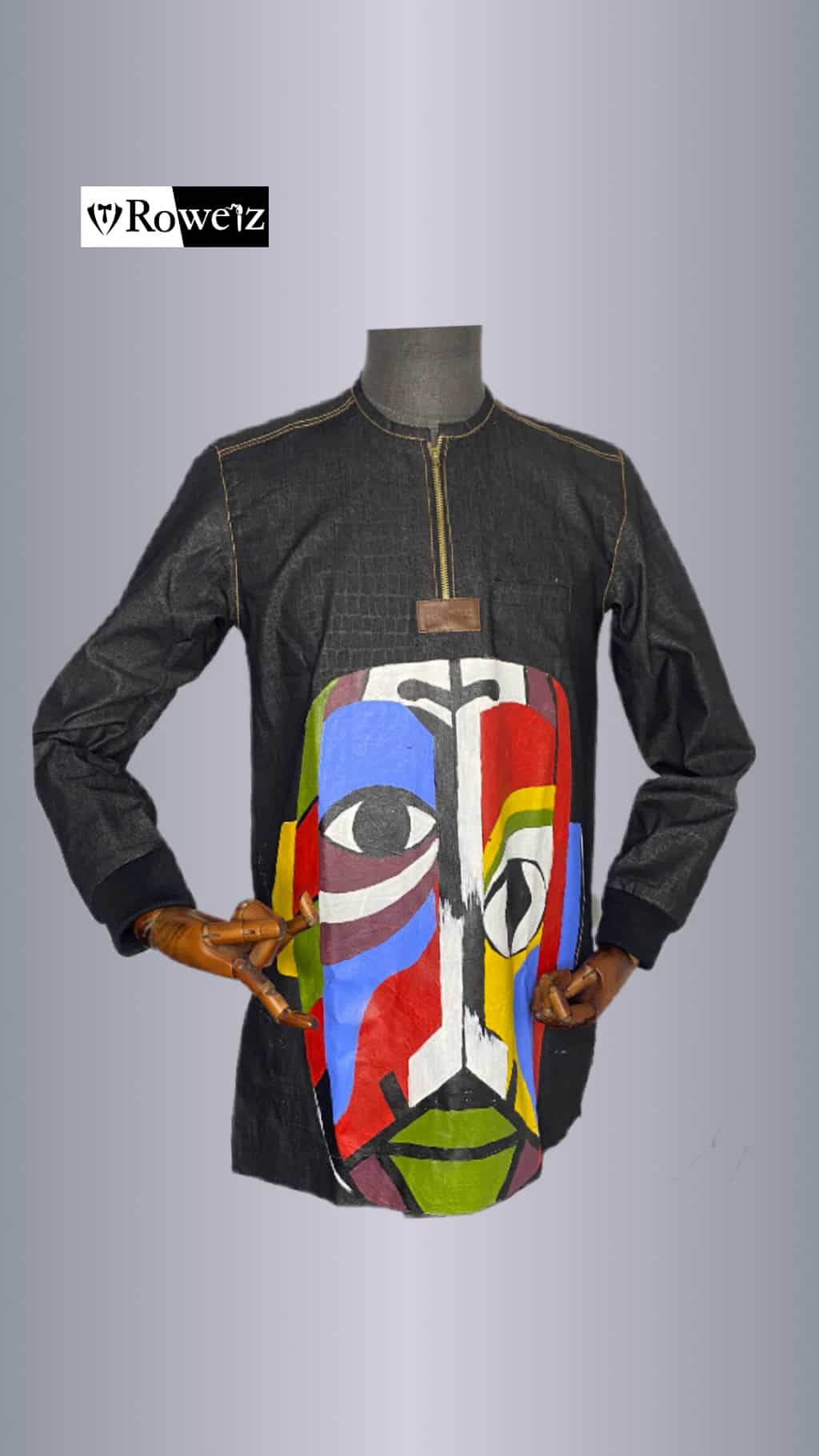 Black Denim kaftan with hand painting of West African mask