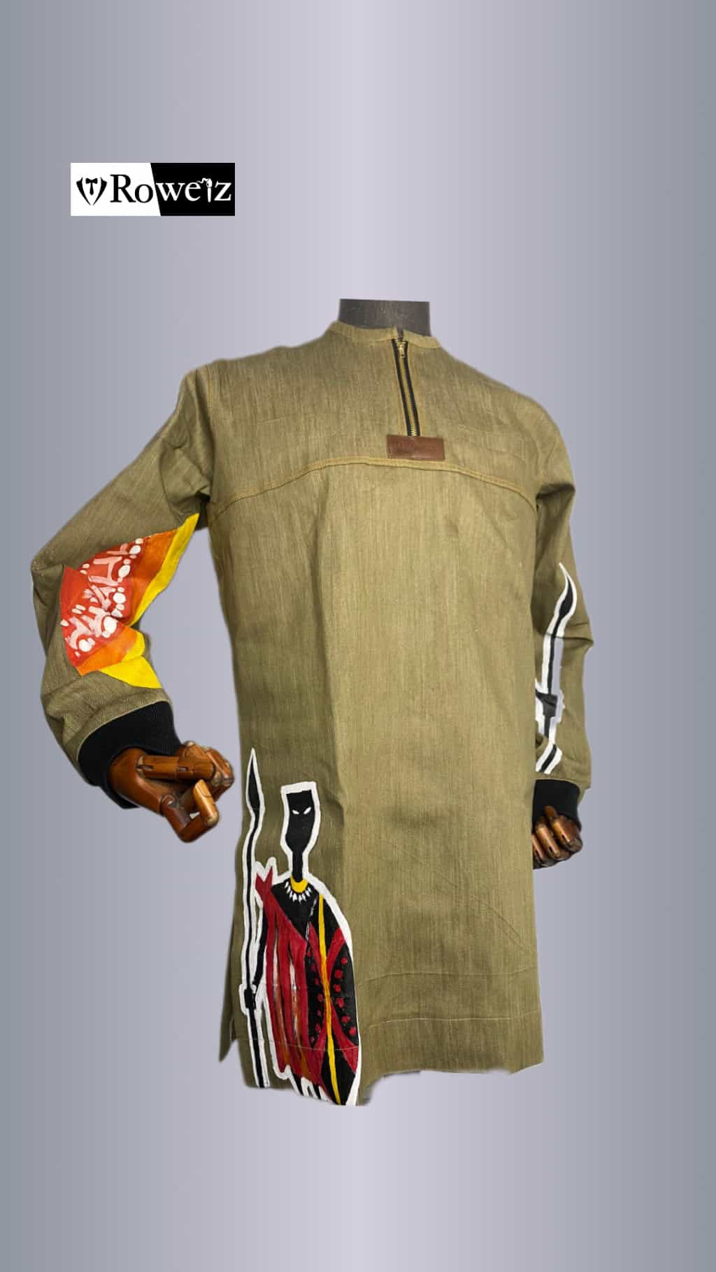 Khaki Denim Kaftan with abstract art depicting ancient African warrior