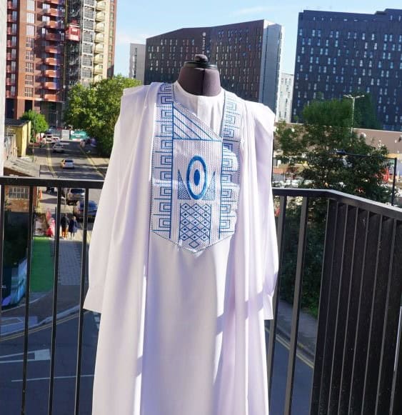 White Agbada with Blue Monogram
