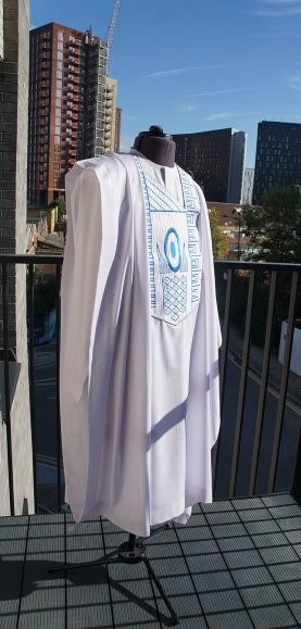 White Agbada with Blue Monogram - Image 4