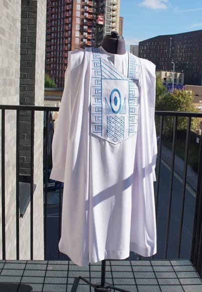 White Agbada with Blue Monogram - Image 3