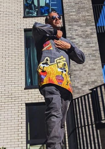 Hand-painted luxury denim kaftan for men - Bespoke Afrocentric fashion by Roweiz