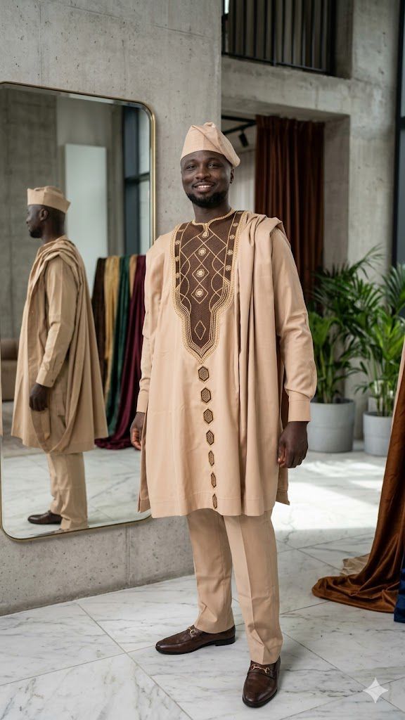 A man wearing a bespoke beige Agbada with intricate brown embroidery and a matching fila hat. Standing in a luxury flat in London. All made by Roweiz Fashion